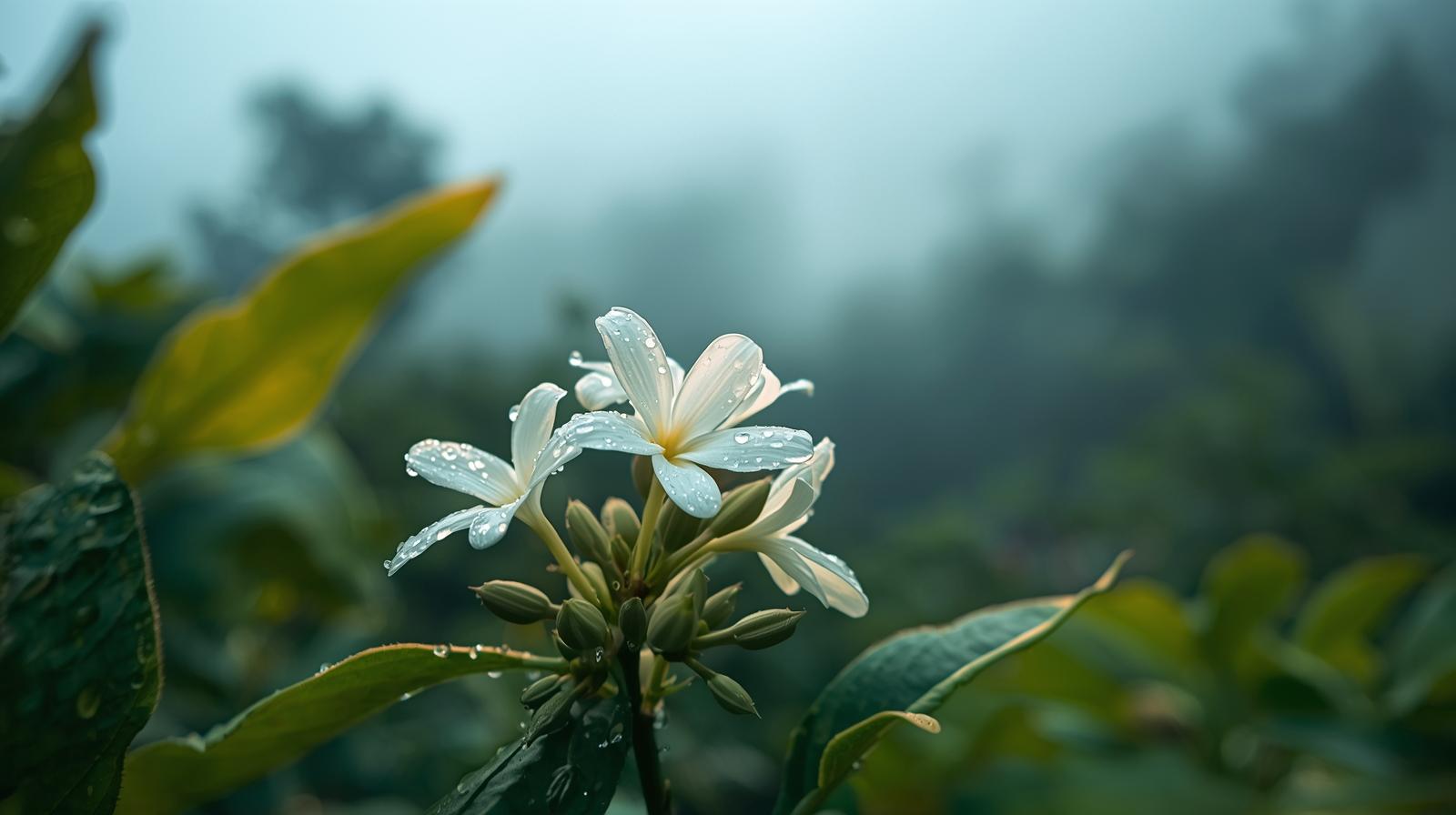 Geisha coffee blossom with dew against a soft green background.