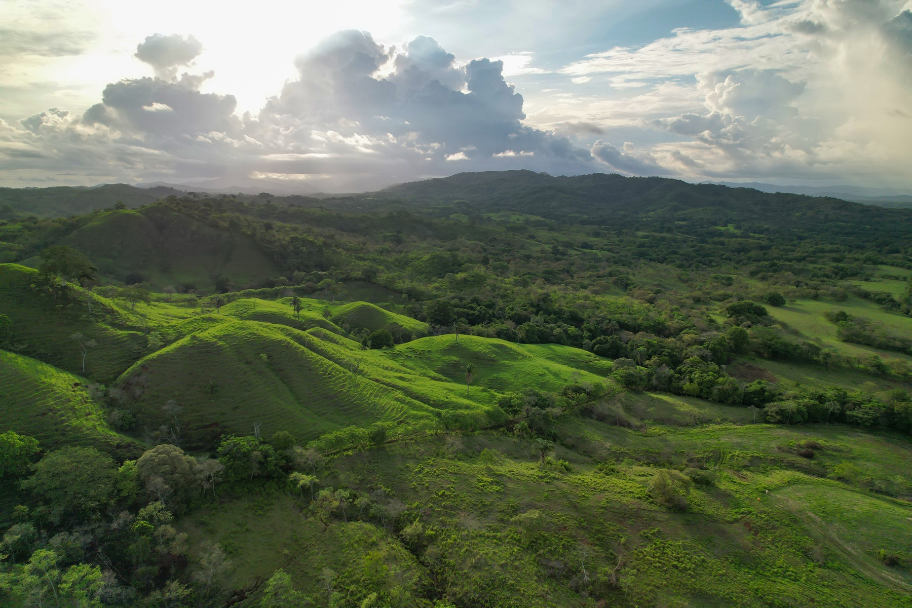 Green Panamanian highlands under dramatic clouds and sunlight.