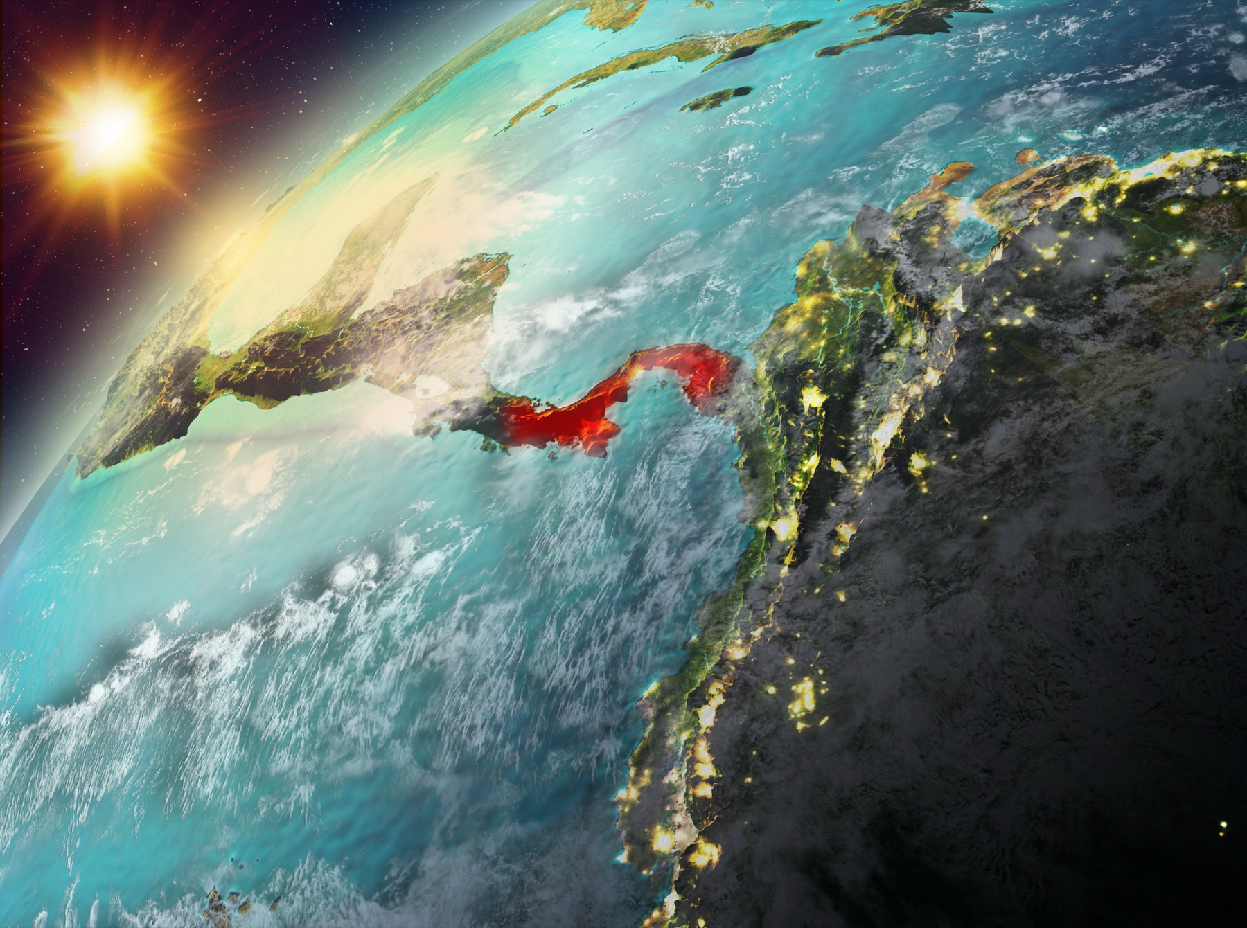 Satellite-style view of Panama as a narrow isthmus between Central and South America.